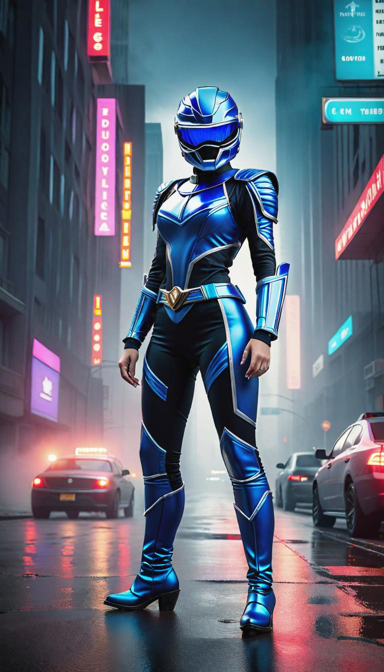  Cyberpunk style depiction of Taylor Swift as a Blue Power Ranger helmet on with visor down. The scene is set in a world where technology has advanced, but society and human conditions have not, creating a gritty, dystopian atmosphere. hyperrealistic, full body, detailed clothing, highly detailed, cinematic lighting, stunningly beautiful, intricate, sharp focus, f/1. 8, 85mm, (centered image composition), (professionally color graded), ((bright soft diffused light)), volumetric fog, trending on instagram, trending on tumblr, HDR 4K, 8K