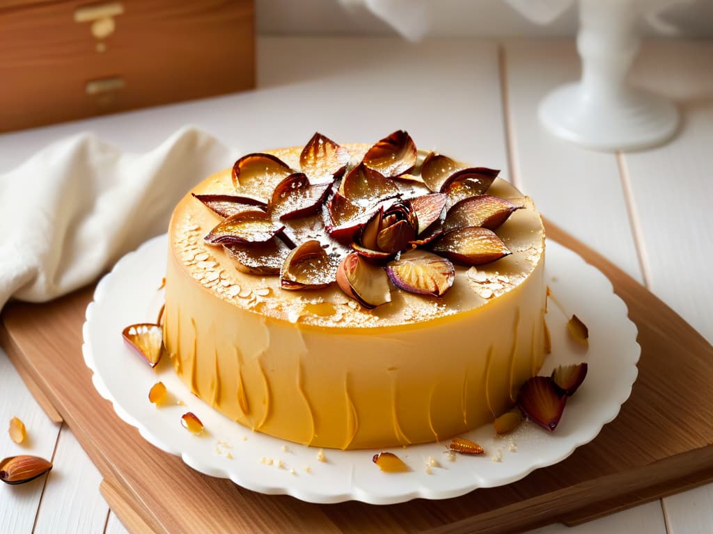  A highresolution, minimalist image of a goldenbrown Basbousa cake topped with sliced almonds, resting on a delicate white porcelain plate against a soft, blurred background of a wooden table. The cake is intricately garnished with rose petals and a light drizzle of honey, enhancing its visual appeal and tempting texture. The play of light and shadows accentuates the moistness of the cake, inviting the viewer to indulge in its rich flavors and traditional charm. hyperrealistic, full body, detailed clothing, highly detailed, cinematic lighting, stunningly beautiful, intricate, sharp focus, f/1. 8, 85mm, (centered image composition), (professionally color graded), ((bright soft diffused light)), volumetric fog, trending on instagram, trending on tumblr, HDR 4K, 8K