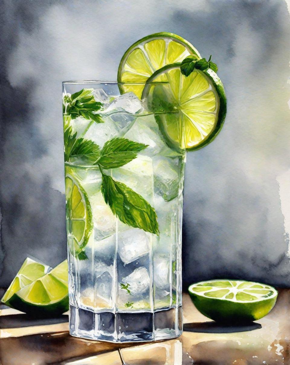  A beautiful, artistic watercolor painting of a gin and tonic, on a white background. The drink is served in a tall, slender glass with ice cubes and a slice of lime. The painting should focus solely on the glass and its contents, emphasizing the clarity and refreshing look of the ice and lime in the glass. The style should remain light and airy with delicate brush strokes, highlighting the drink's appealing aesthetics.