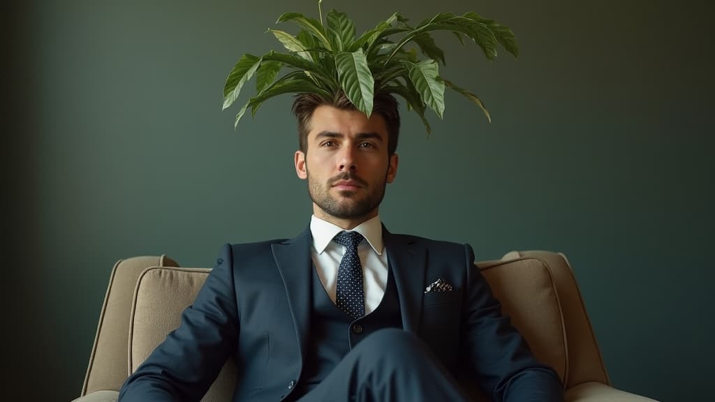  good quality, high quality, a man is wearing a suit and has a plant on his head. the man is sitting on a chair