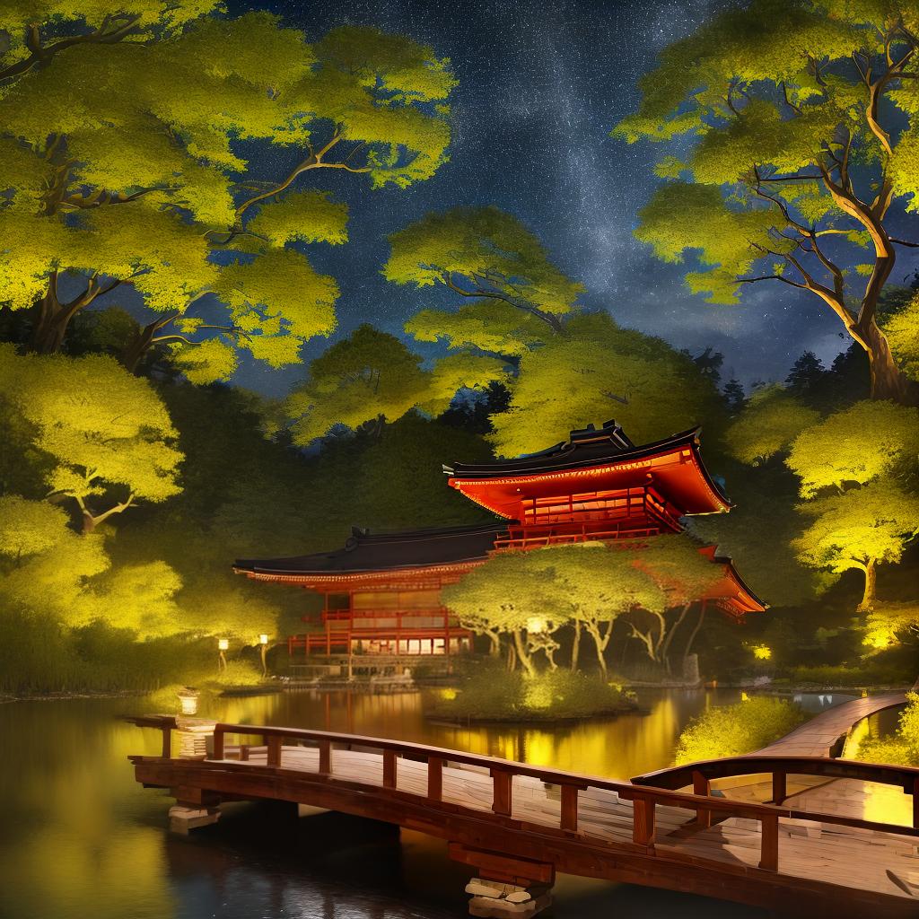  masterpiece, best quality, (Fidelity: 1.4), Best Quality, Masterpiece, Ultra High Resolution, 8k resolution, A night view inspired by Japanese art, featuring a garden illuminated by paper lanterns and a wooden bridge spanning a tranquil lake, by the lakeside, there is a small Zen temple. The water reflects the starry sky.
