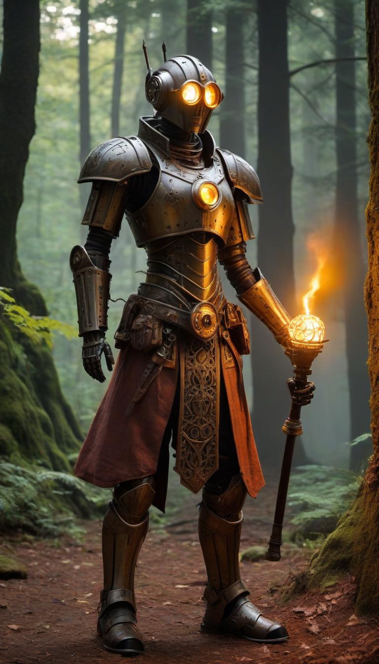  role playing game (RPG) style fantasy Side view, Rusty medieval robot covered in glowing runes, holding a metal torch from Darkest Dungeon in its hand, sun, forest. . detailed, vibrant, immersive, reminiscent of high fantasy RPG games hyperrealistic, full body, detailed clothing, highly detailed, cinematic lighting, stunningly beautiful, intricate, sharp focus, f/1. 8, 85mm, (centered image composition), (professionally color graded), ((bright soft diffused light)), volumetric fog, trending on instagram, trending on tumblr, HDR 4K, 8K