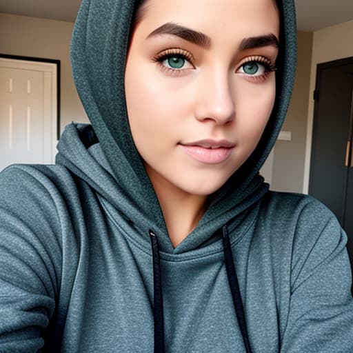  A girl with green eyes, shiny skin and body , short hair, wearing a black hoodie and a panty