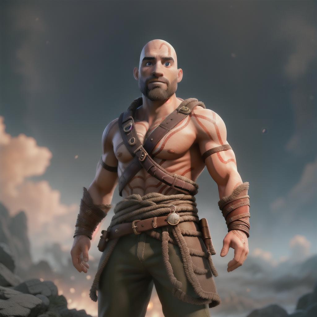  God of war hyperrealistic, full body, detailed clothing, highly detailed, cinematic lighting, stunningly beautiful, intricate, sharp focus, f/1. 8, 85mm, (centered image composition), (professionally color graded), ((bright soft diffused light)), volumetric fog, trending on instagram, trending on tumblr, HDR 4K, 8K