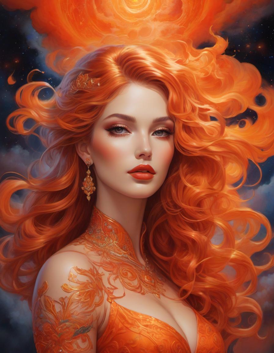  psychedelic style Gorgeous Goddess of fire, (floating on a fiery orange cloud); perfect hair, perfect full lips, Detailed perfect body, her body is all without blemish, stunning In A Milky Way Garden, background of flames, floating on clouds, Highly Stylized Features; (Full Body), Unsplash, Highly Detailed, Digital Painting, Intricately Detailed Eyes, Colourful, Ink Painting, Beautiful Watercolor Painting, Realistic, Detailed, Fine Art, Oil Painting, Finely Drawn Hands; By Artgerm, By Alphonse Mucha, By Ilya Kuvshinov, Painting By Olga Shvartsur, Svetlana Novikova . vibrant colors, swirling patterns, abstract forms, surreal, trippy hyperrealistic, full body, detailed clothing, highly detailed, cinematic lighting, stunningly beautiful, intricate, sharp focus, f/1. 8, 85mm, (centered image composition), (professionally color graded), ((bright soft diffused light)), volumetric fog, trending on instagram, trending on tumblr, HDR 4K, 8K