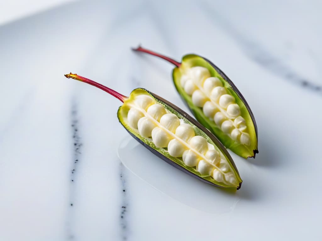  An ultradetailed, highly realistic image of a delicate vanilla bean pod split open, showcasing the tiny, glistening seeds inside, set against a softly blurred background of a pristine white marble countertop. The intricate details of the pod's texture and the tiny specks of seeds are incredibly sharp and lifelike, capturing the essence of natural sweetness and culinary sophistication. hyperrealistic, full body, detailed clothing, highly detailed, cinematic lighting, stunningly beautiful, intricate, sharp focus, f/1. 8, 85mm, (centered image composition), (professionally color graded), ((bright soft diffused light)), volumetric fog, trending on instagram, trending on tumblr, HDR 4K, 8K