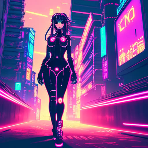  Anime, cyberpunk women, city, neon lights, glow, retrowave style, sunset,