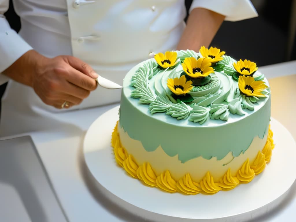  A minimalist and sleek image of a chef pastry artist meticulously piping delicate details on a beautifully crafted cake, showcasing precision and artistry in the world of pastry competitions. The focus is on the chef's hands as they create intricate designs with precision, with a backdrop of a clean, white kitchen counter to accentuate the elegance and skill involved in pastry artistry. hyperrealistic, full body, detailed clothing, highly detailed, cinematic lighting, stunningly beautiful, intricate, sharp focus, f/1. 8, 85mm, (centered image composition), (professionally color graded), ((bright soft diffused light)), volumetric fog, trending on instagram, trending on tumblr, HDR 4K, 8K