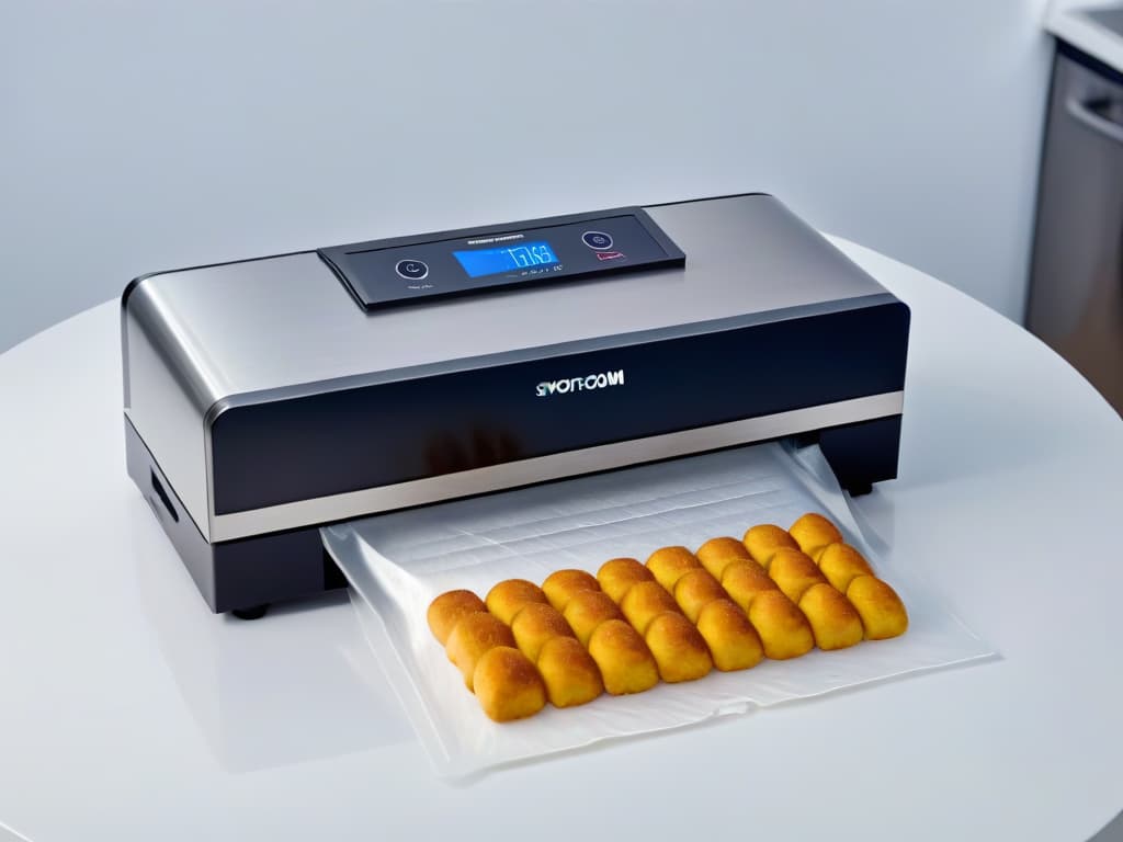  An ultradetailed 8k image of a sleek, modern vacuum sealer specifically designed for pastry and baking purposes. The machine is shown in a clean, minimalist kitchen setting, with soft natural light casting gentle shadows. The focus is on the elegant design and advanced features of the vacuum sealer, highlighting its usability and precision for sealing delicate pastries and desserts with a touch of professional elegance. hyperrealistic, full body, detailed clothing, highly detailed, cinematic lighting, stunningly beautiful, intricate, sharp focus, f/1. 8, 85mm, (centered image composition), (professionally color graded), ((bright soft diffused light)), volumetric fog, trending on instagram, trending on tumblr, HDR 4K, 8K