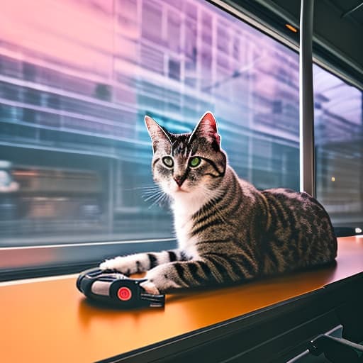 nvinkpunk Realistic image of a cat wearing headphones and reading glasses while riding a bus. hyperrealistic, full body, detailed clothing, highly detailed, cinematic lighting, stunningly beautiful, intricate, sharp focus, f/1. 8, 85mm, (centered image composition), (professionally color graded), ((bright soft diffused light)), volumetric fog, trending on instagram, trending on tumblr, HDR 4K, 8K