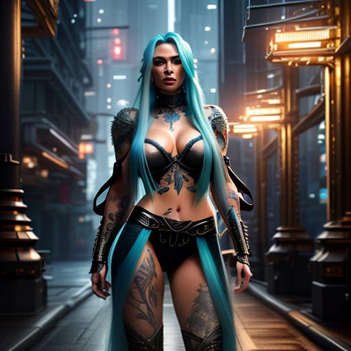  A portrait of a beautiful young with long blue hair in a outfit with tattoos and a shining makeup style in a cyberpunk manner along with plump lips., ultra realistic, concept art, intricate details, highly detailed, photorealistic, octane render, 8k, unreal engine, sharp focus, volumetric lighting unreal engine. art by artgerm and alphonse mucha hyperrealistic, full body, detailed clothing, highly detailed, cinematic lighting, stunningly beautiful, intricate, sharp focus, f/1. 8, 85mm, (centered image composition), (professionally color graded), ((bright soft diffused light)), volumetric fog, trending on instagram, trending on tumblr, HDR 4K, 8K