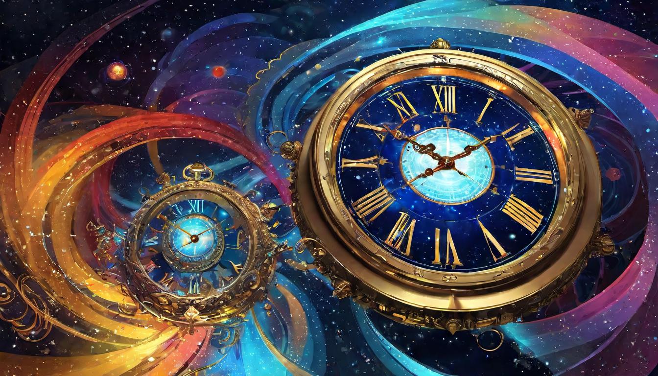  digital illustration, cosmic clock, swirling light patterns, shift in perception, time and space, looking at viewer, dynamic pose, (intricate details, masterpiece, best quality)