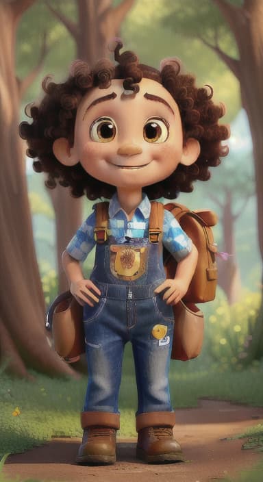  {The tree with a smiling face formed by its bark, looking down at Riley., Riley, a curious with big brown eyes and curly hair, wearing overalls and carrying a small backpack. Their friend, Skye, a bluebird with shiny feathers.