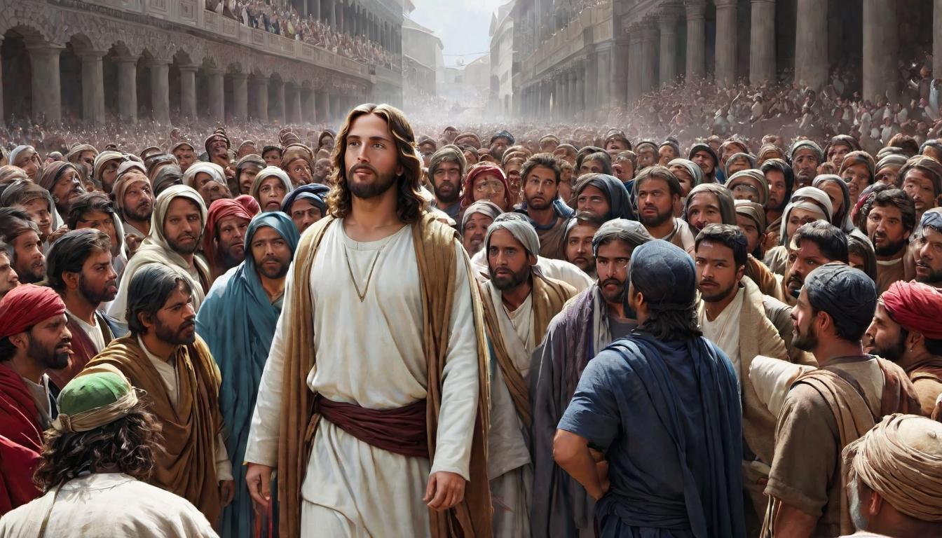  digital illustration, Jesus standing unmovable amidst hostile crowds, calm and composed, divine aura, unwavering and resolute, looking at viewer, dynamic pose, (intricate details, masterpiece, best quality)