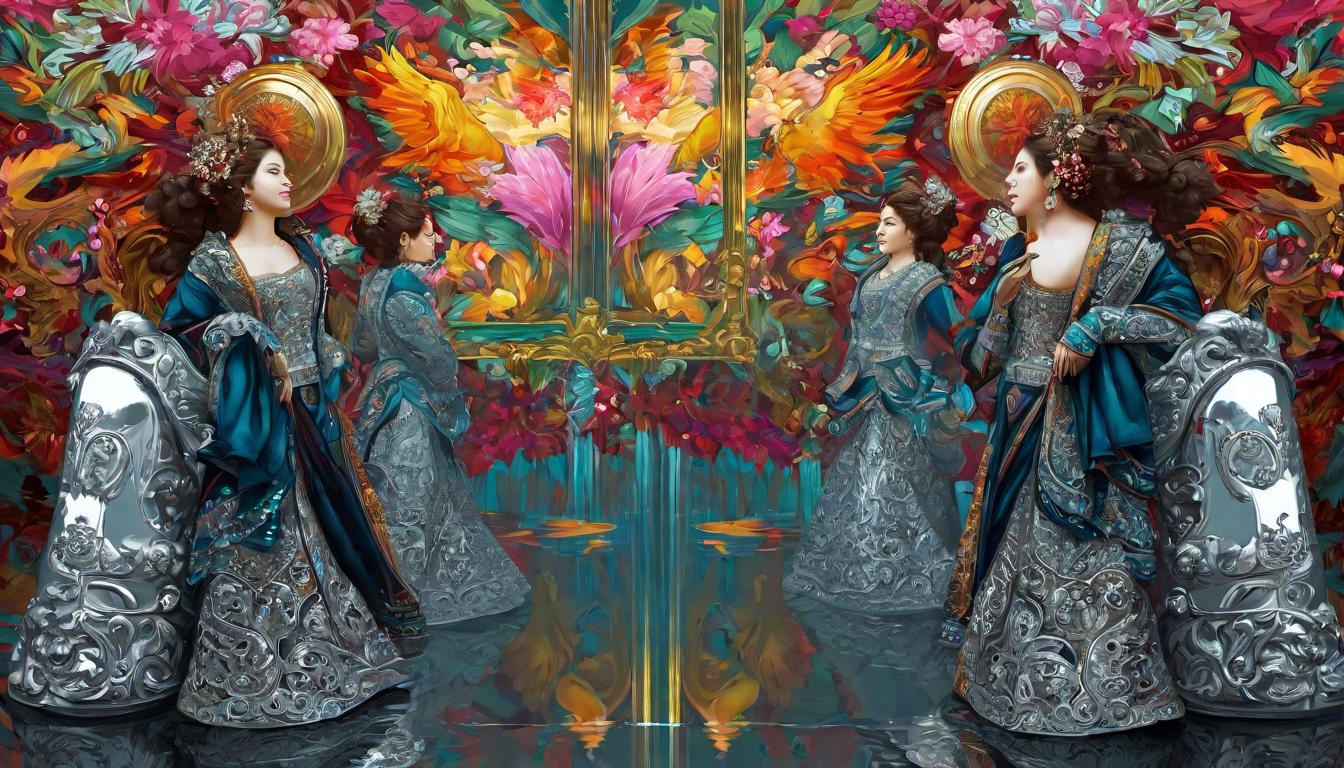  digital illustration, A mirror reflecting an exact duplicate of a figure immediately, the energy of actions returned, reflective, instant karma, looking at viewer, dynamic pose, (intricate details, masterpiece, best quality)