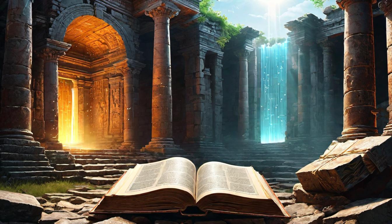  digital illustration An open book amidst ancient ruins, pages glowing with light, seven radiant points floating above, symbolizing knowledge, enlightenment amidst decay, wisdom survives, remnants of the past, beacon of hope looking at viewer, dynamic pose, (intricate details, masterpiece, best quality)