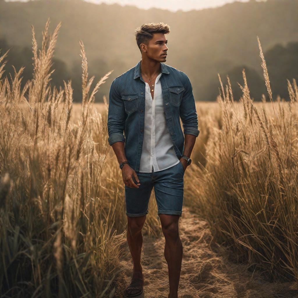  young boy 10, standing in a field, wearing shorts hyperrealistic, full body, detailed clothing, highly detailed, cinematic lighting, stunningly beautiful, intricate, sharp focus, f/1. 8, 85mm, (centered image composition), (professionally color graded), ((bright soft diffused light)), volumetric fog, trending on instagram, trending on tumblr, HDR 4K, 8K