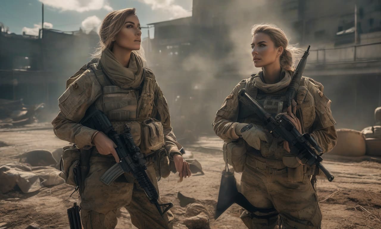  two girls in combat uniform with assault rifles, versus, combat action, battlefield hyperrealistic, full body, detailed clothing, highly detailed, cinematic lighting, stunningly beautiful, intricate, sharp focus, f/1. 8, 85mm, (centered image composition), (professionally color graded), ((bright soft diffused light)), volumetric fog, trending on instagram, trending on tumblr, HDR 4K, 8K