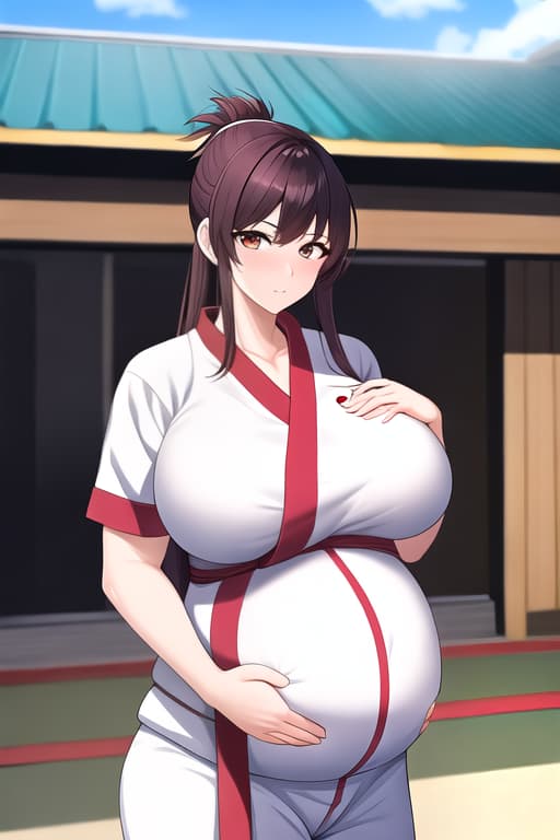  Woman in (karate Gi) (incoming attack) detailed Dojo exterior background highly detailed best quality, (( Huge breast )), (( huge pregnant )), (( full vodi ))