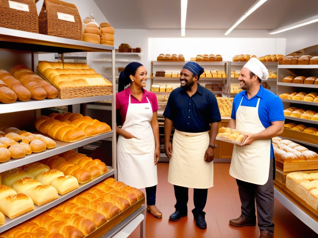  An ultradetailed 8k image of a diverse group of smiling farmers and bakers in a bustling fair trade bakery, surrounded by shelves of beautifully displayed pastries and ingredients. The image captures the exchange of goods and the collaboration between producers and consumers in the world of fair trade baking, highlighting the mutual benefits and positive impact of ethical practices in the pastry industry. hyperrealistic, full body, detailed clothing, highly detailed, cinematic lighting, stunningly beautiful, intricate, sharp focus, f/1. 8, 85mm, (centered image composition), (professionally color graded), ((bright soft diffused light)), volumetric fog, trending on instagram, trending on tumblr, HDR 4K, 8K