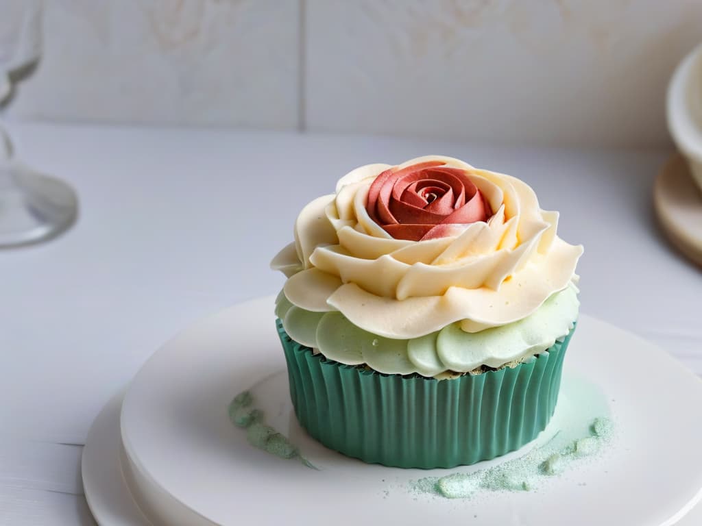  An intricate closeup of a delicate, freshly baked glutenfree cupcake adorned with a swirl of pastelcolored frosting, sprinkled with edible glitter, and finished with a single elegant fondant rose on top. The cupcake sits on a crisp white porcelain plate, set against a softfocus background of a bustling bakery kitchen, with stainless steel countertops and various baking tools neatly arranged in the background. The image captures the perfect balance of simplicity and sophistication, appealing to the audience's desire for exquisite glutenfree treats at upcoming pastry events. hyperrealistic, full body, detailed clothing, highly detailed, cinematic lighting, stunningly beautiful, intricate, sharp focus, f/1. 8, 85mm, (centered image composition), (professionally color graded), ((bright soft diffused light)), volumetric fog, trending on instagram, trending on tumblr, HDR 4K, 8K