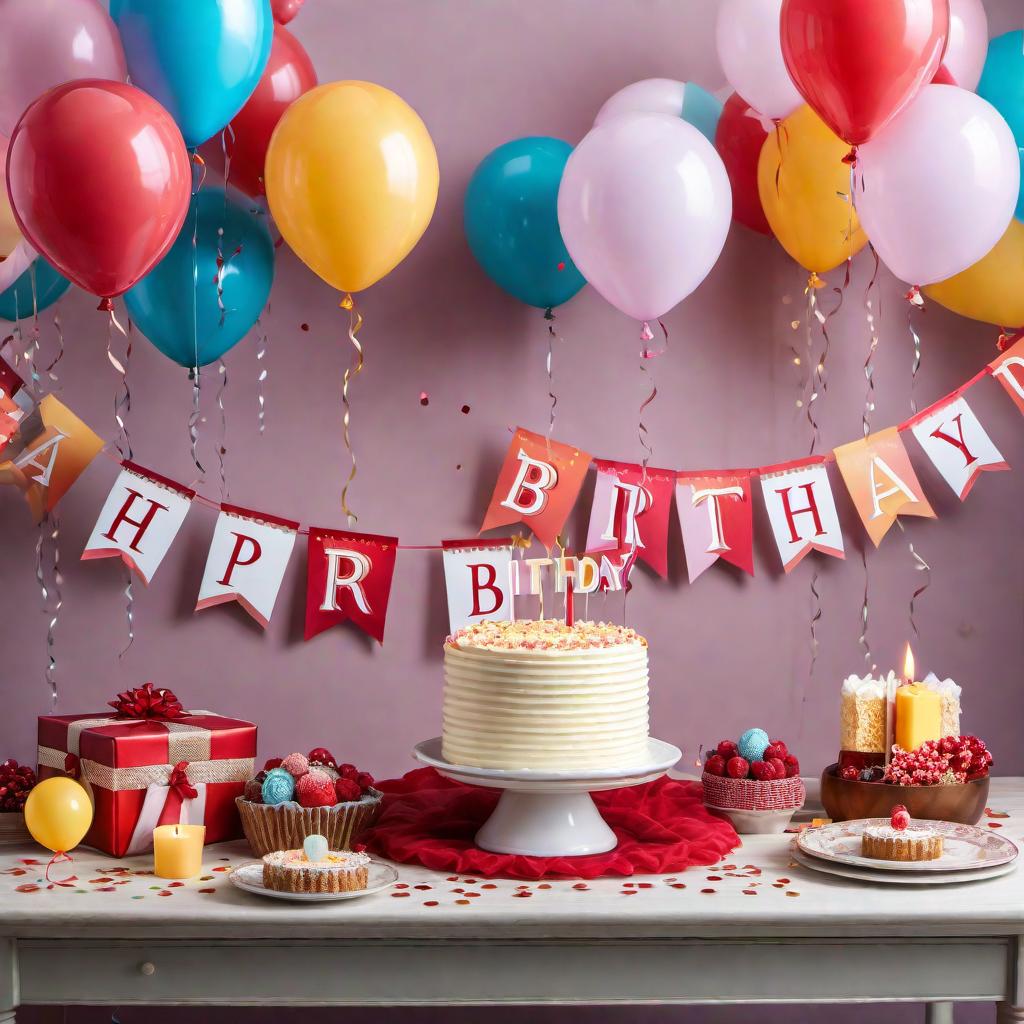  a colorful and festive happy birthday banner. The banner should have the words 'Happy Birthday' in bold, cheerful lettering, with decorations such as balloons, confetti, and streamers. The overall design should convey a sense of joy and celebration suitable for a birthday party atmosphere. hyperrealistic, full body, detailed clothing, highly detailed, cinematic lighting, stunningly beautiful, intricate, sharp focus, f/1. 8, 85mm, (centered image composition), (professionally color graded), ((bright soft diffused light)), volumetric fog, trending on instagram, trending on tumblr, HDR 4K, 8K