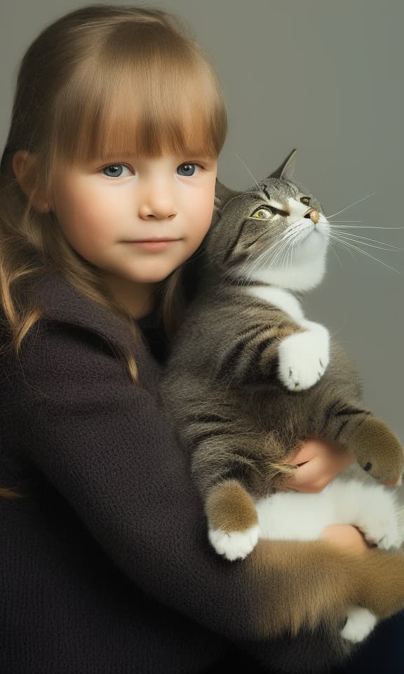 portrait+ style portrait+ style, little girl with cat, ultra realistic, hyper detail, Canon EOS R3, nikon, f/1.4, ISO 200, 1/160s, 8K, RAW, unedited, symmetrical balance, in-frame, HDR 4K