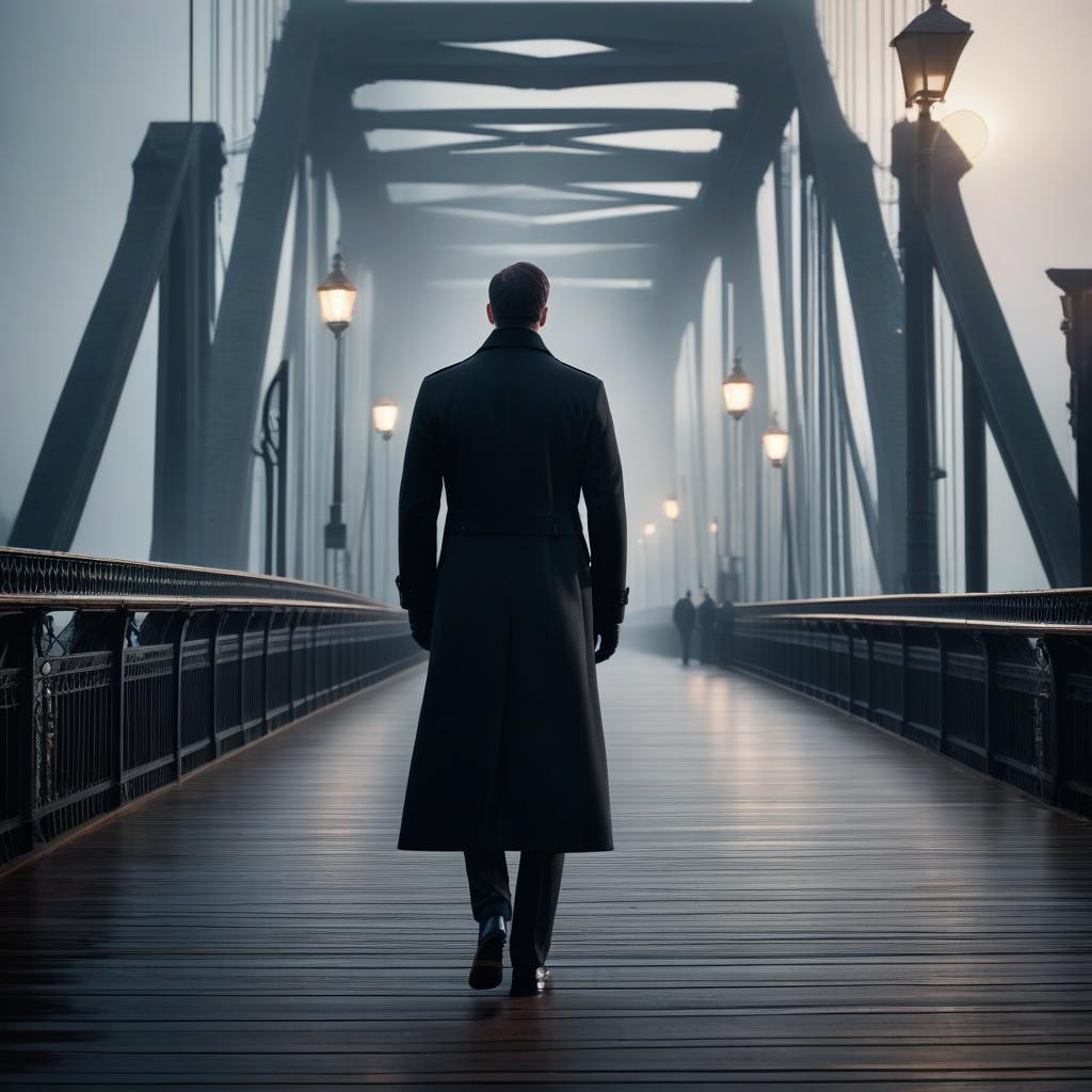  A tall man in a long black coat stands on a bridge and looks into the distance. hyperrealistic, full body, detailed clothing, highly detailed, cinematic lighting, stunningly beautiful, intricate, sharp focus, f/1. 8, 85mm, (centered image composition), (professionally color graded), ((bright soft diffused light)), volumetric fog, trending on instagram, trending on tumblr, HDR 4K, 8K