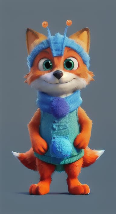  {Error the fox pressing the blue button with his paw, looking puzzled as nothing occurs., Error is a small, bright orange fox with a fluffy tail and big, inquisitive eyes. He has a mischievous yet kind expression and wears a tiny green scarf.