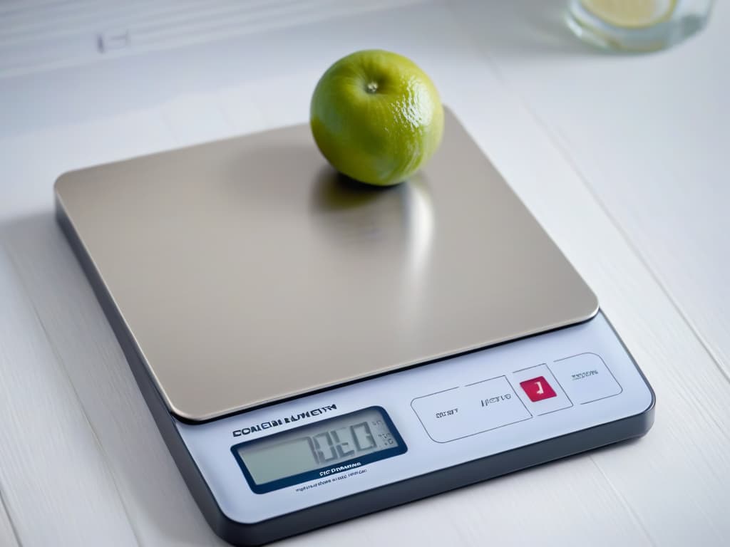  A closeup, ultrahighresolution image of a sleek, modern digital kitchen scale with a precision weighing mechanism. The scale is made of brushed stainless steel, with a clear digital display showing precise measurements to the decimal point. The background is a soft, neutral color, emphasizing the minimalist design and professional quality of the kitchen tool. hyperrealistic, full body, detailed clothing, highly detailed, cinematic lighting, stunningly beautiful, intricate, sharp focus, f/1. 8, 85mm, (centered image composition), (professionally color graded), ((bright soft diffused light)), volumetric fog, trending on instagram, trending on tumblr, HDR 4K, 8K