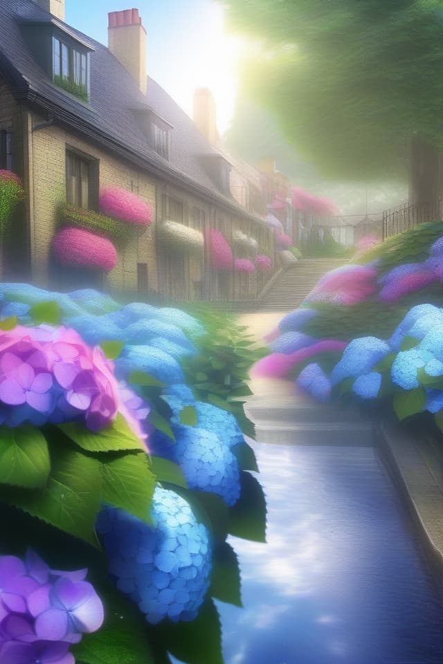  Cobblestone parks in the water, Hydrangea, (Many Hydrangease) Masterpiece, After Rain, Rainbow, Sunlight, High Quality, 8k