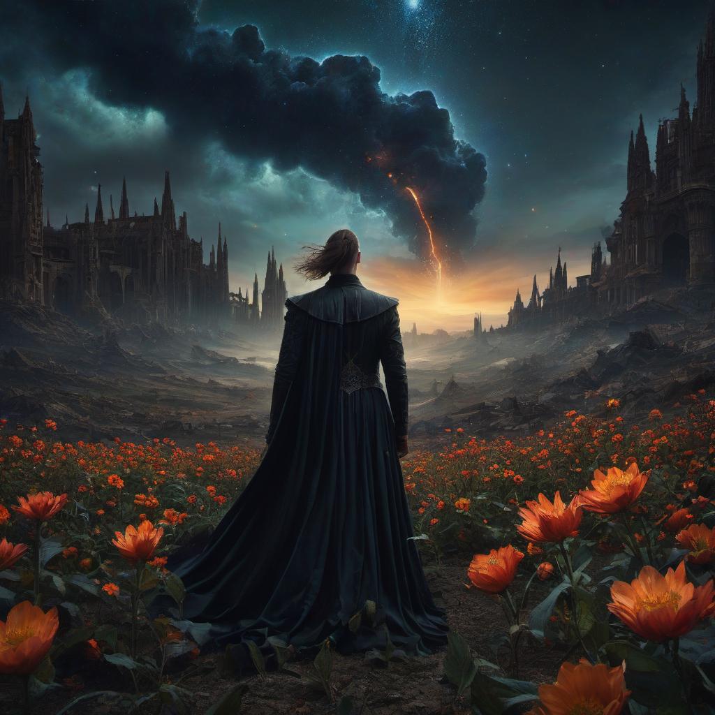  (stylized by Tomasz Alen Kopera:1.3) , dark art, dense flower field and Perseid meteor in background, landscape of a (Barcelona:1.2) , very Bizarre and 1600'S, Hurricane, Glitchcore, Amaro, layered textures, ornate, intricate artistic color, complimentary colors, very inspirational, atmosphere, fine artistic composition, sunny, theatrical hyperrealistic, full body, detailed clothing, highly detailed, cinematic lighting, stunningly beautiful, intricate, sharp focus, f/1. 8, 85mm, (centered image composition), (professionally color graded), ((bright soft diffused light)), volumetric fog, trending on instagram, trending on tumblr, HDR 4K, 8K