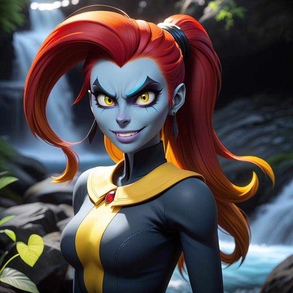  Undertale, Undyne, monster girl, standing, red hair, ponytail, (colored sclera, yellow sclera), Eyepatch, (colored skin, blue skin), Sharp Teeth, head fins, smirk, grin, black short undershirt, blue jeans, Background waterfall underground hyperrealistic, full body, detailed clothing, highly detailed, cinematic lighting, stunningly beautiful, intricate, sharp focus, f/1. 8, 85mm, (centered image composition), (professionally color graded), ((bright soft diffused light)), volumetric fog, trending on instagram, trending on tumblr, HDR 4K, 8K