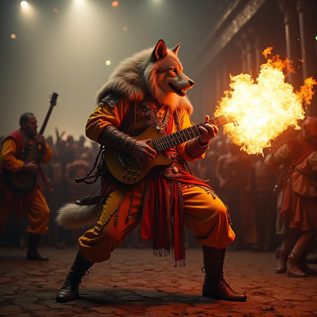  scepic shot of anthropomorphic wolf king man firing machine gun, bard, flashy bright colored clothing, playing in front of large crowd, dungeon concert, flames guitar hyperrealistic, full body, detailed clothing, highly detailed, cinematic lighting, stunningly beautiful, intricate, sharp focus, f/1. 8, 85mm, (centered image composition), (professionally color graded), ((bright soft diffused light)), volumetric fog, trending on instagram, trending on tumblr, HDR 4K, 8K