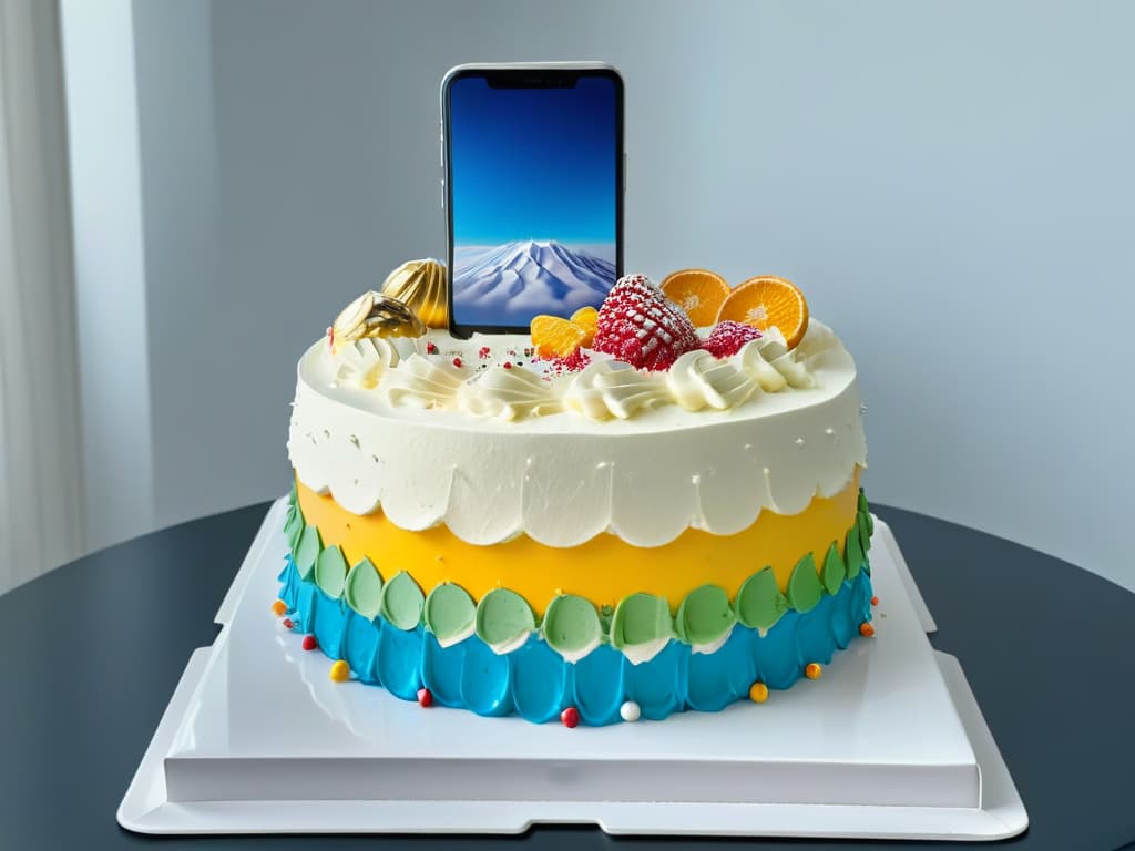  A minimalistic image of a sleek smartphone displaying a vibrant, interactive augmented reality baking app. The app showcases a beautifully detailed 3D cake with layers of frosting, sprinkles, and intricate decorations floating in the air above the device. The background is a soft gradient to enhance the focus on the app, highlighting its innovative and engaging features for baking enthusiasts. hyperrealistic, full body, detailed clothing, highly detailed, cinematic lighting, stunningly beautiful, intricate, sharp focus, f/1. 8, 85mm, (centered image composition), (professionally color graded), ((bright soft diffused light)), volumetric fog, trending on instagram, trending on tumblr, HDR 4K, 8K