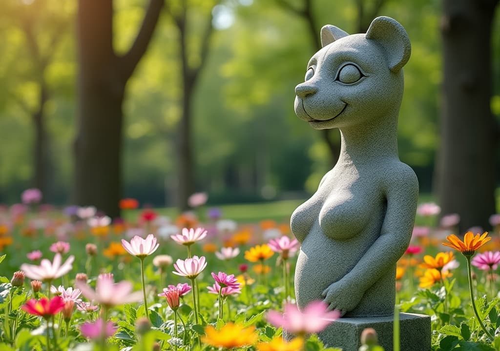  good quality, high quality, enchanting stone sculpture in a vibrant park filled with blooming flowers on a sunny day