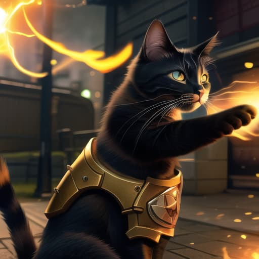  an anthropomorphic cat wearing black linen is depicted in an action pose, swirling fire with an arrow symbol in cat hand, floating above a street in a dark city alleyway, swirling magic effects and swirling energy waves surround cat, with a golden glow on cat face and body, looking at the camera, hyper detailed, movie still, ultrawide, ultra detailed, hyper focus, unreal engine, masterpiece, high rez, high quality, futuristic, exo skeleton, power armor, apex cat dominant universe, fight scars, cat had ear bitten by dog, war between cats and dogs, razor shard claws extended, , (masterpiece, best quality:1.5), HDR 4K, 8K