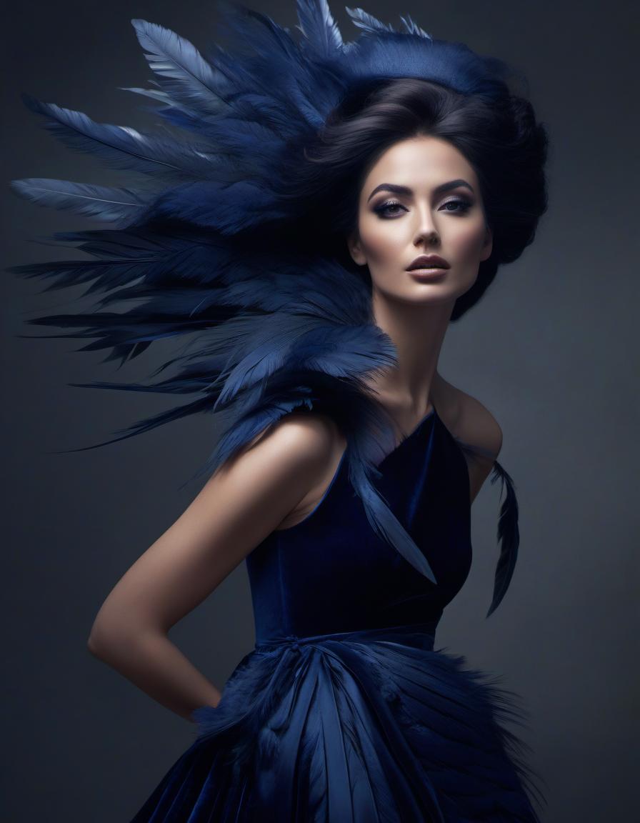  concept art Portrait of a beautiful girl in a dark blue velvet Lorrain dress, on beautiful hair adorned with soft feathers of dark blue colour . digital artwork, illustrative, painterly, matte painting, highly detailed hyperrealistic, full body, detailed clothing, highly detailed, cinematic lighting, stunningly beautiful, intricate, sharp focus, f/1. 8, 85mm, (centered image composition), (professionally color graded), ((bright soft diffused light)), volumetric fog, trending on instagram, trending on tumblr, HDR 4K, 8K