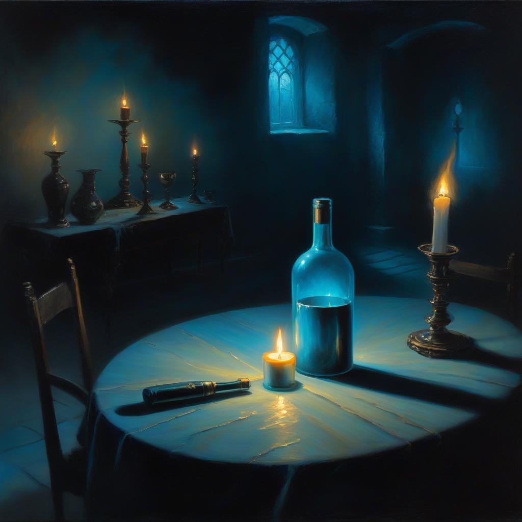  Oil painting, a mystical teleportation from which a pale blue glow is drawn to a wine bottle on the table, a dark room illuminated by a candle, a fantastic scene, ART. However, a more accurate translation could be: Oil painting, mysterious teleportation with a faint blue glow leading to a wine bottle on the table, the room lit by a candle, a surreal image, ART. hyperrealistic, full body, detailed clothing, highly detailed, cinematic lighting, stunningly beautiful, intricate, sharp focus, f/1. 8, 85mm, (centered image composition), (professionally color graded), ((bright soft diffused light)), volumetric fog, trending on instagram, trending on tumblr, HDR 4K, 8K