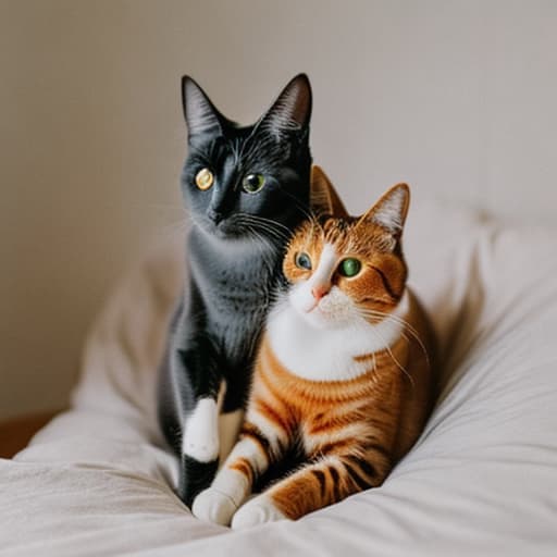 analog style Two cats, one white and the other grey hyperrealistic, full body, detailed clothing, highly detailed, cinematic lighting, stunningly beautiful, intricate, sharp focus, f/1. 8, 85mm, (centered image composition), (professionally color graded), ((bright soft diffused light)), volumetric fog, trending on instagram, trending on tumblr, HDR 4K, 8K