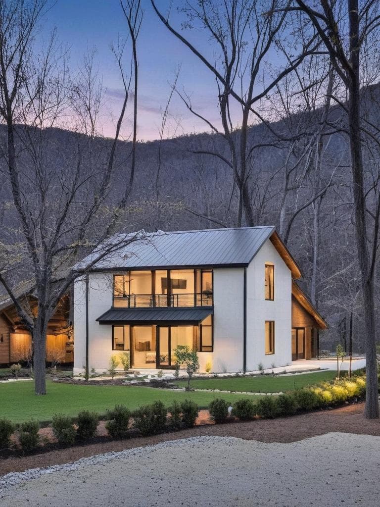 redesign the building exterior in a modern minimalist architectural style, featuring smooth white concrete walls, large glass windows, clean lines, and ambient exterior lighting. replace traditional design elements with sleek, contemporary finishes. keep the perspective and overall structure intact