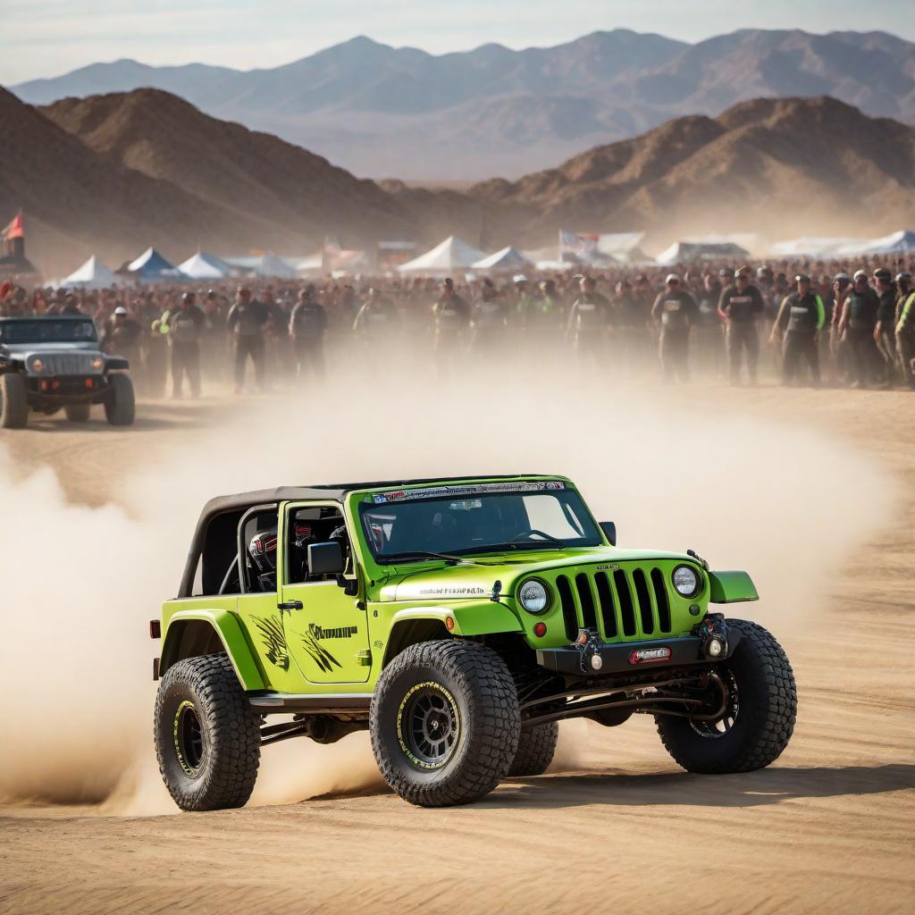  An Ultra 4 car designed with rounded front fenders inspired by a WWII Jeep, and a flat CJ grill painted in a very light lime green color. The rest of the car, including the wheels, is finished in a solid matte black. The vehicle is equipped with a prominent Dana 60 solid front axle, underscoring its powerful off-road capabilities. This car is depicted in action, crossing the finish line at the King of the Hammers race, surrounded by an excited crowd and with a checkered flag being waved to celebrate its win. hyperrealistic, full body, detailed clothing, highly detailed, cinematic lighting, stunningly beautiful, intricate, sharp focus, f/1. 8, 85mm, (centered image composition), (professionally color graded), ((bright soft diffused light)), volumetric fog, trending on instagram, trending on tumblr, HDR 4K, 8K