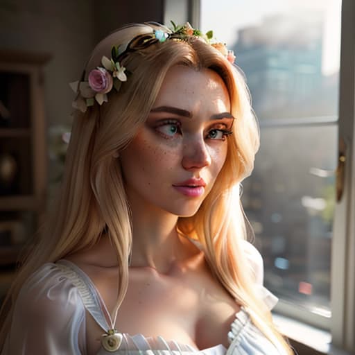  detailed and realistic portrait of a rapunzel maid with a few freckles, long blonde disheveled hairs, multicolor mesmerizing eyes, dark fluffy dress, soft natural lighting, portrait photography, magical photography, dramatic lighting, photo realism, ultra detailed, intimate portrait composition, flowers in background, Leica 50mm, f1. 4 hyperrealistic, full body, detailed clothing, highly detailed, cinematic lighting, stunningly beautiful, intricate, sharp focus, f/1. 8, 85mm, (centered image composition), (professionally color graded), ((bright soft diffused light)), volumetric fog, trending on instagram, trending on tumblr, HDR 4K, 8K