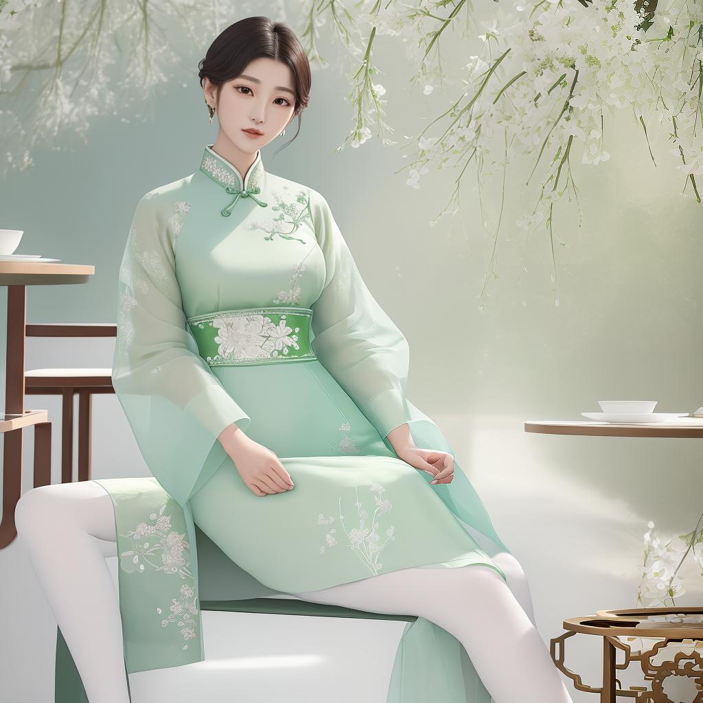  Masterpiece, best quality, a modern oriental woman with short hair, dressed in a light green and white Chinese dress made of delicate fabrics and embroidery, sitting on her side, elegantly facing the audience, exuding elegance. The photo shows her bust, legs wrapped delicately. The background is a tea bar environment, exuding refinement and tranquility. This photo reminds one of the fascinating world of Studio Ghibli. This photo is presented in a unique style, combining watercolor and pastel elements to create a dreamy ambience. This goal was achieved by using a high resolution camera to capture every intricate detail of the woman's outfit and using a shallow depth of field to focus on her charming expression. Age 30, head straight