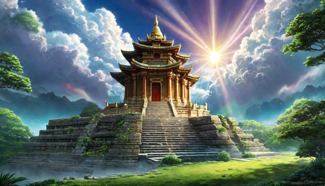  digital illustration, A beam of light piercing through clouds over an ancient temple, symbolizing shifts in consciousness, enlightenment, rejuvenation., looking at viewer, dynamic pose, (intricate details, masterpiece, best quality)