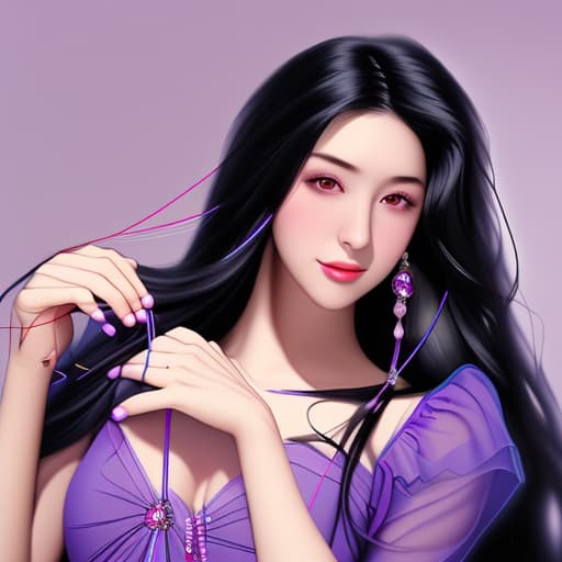  A young woman with long black hair and a colorful string of hair whering a purple dress