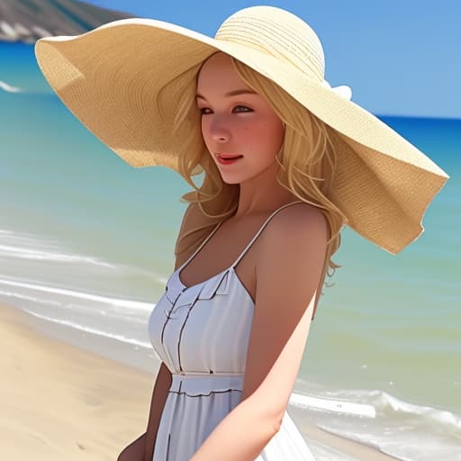  Blonde girl in a sundress on a beach face covered by a hat