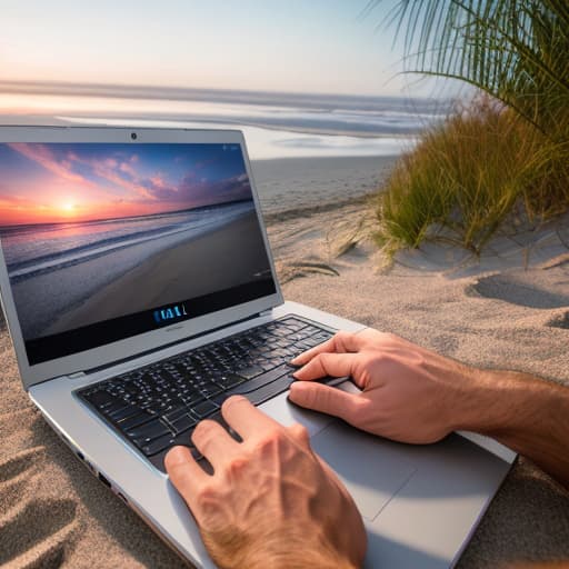  (using a laptop on the beach), photorealistic, highly detailed, 4k, high quality hyperrealistic, full body, detailed clothing, highly detailed, cinematic lighting, stunningly beautiful, intricate, sharp focus, f/1. 8, 85mm, (centered image composition), (professionally color graded), ((bright soft diffused light)), volumetric fog, trending on instagram, trending on tumblr, HDR 4K, 8K