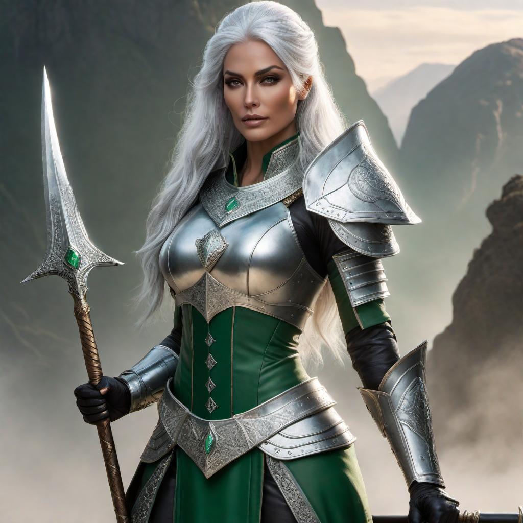  The Queenmother of Lore, a formidable silver-haired warrior queen adorned with full battle armor. She stands tall and proud, gripping a halberd in her hands as a symbol of her combat prowess. On her armor shines the legendary 100 carat green diamond of mental acuity, a treasured artifact that was fiercely contested in the Lore Wars. Her appearance exudes strength and command, with her hair flowing like silver streams, reflecting her seasoned wisdom and the battles she has won. Her steely gaze is focused and her stance is that of a seasoned conqueror, embodying the spirit and history of her people. hyperrealistic, full body, detailed clothing, highly detailed, cinematic lighting, stunningly beautiful, intricate, sharp focus, f/1. 8, 85mm, (centered image composition), (professionally color graded), ((bright soft diffused light)), volumetric fog, trending on instagram, trending on tumblr, HDR 4K, 8K