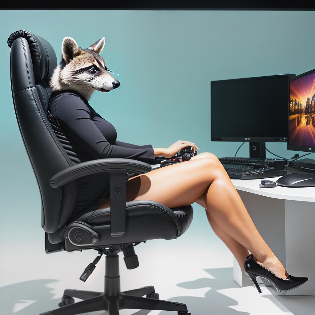  raccoon sitting in gaming chair front a computer on desktop, ((semi anthropomorphic)),(full body), tail, belly, sitting, fat, (chubby), (((white background))), solo, desktop, gaming chair, side view,  [[[clothes]]] hyperrealistic, full body, detailed clothing, highly detailed, cinematic lighting, stunningly beautiful, intricate, sharp focus, f/1. 8, 85mm, (centered image composition), (professionally color graded), ((bright soft diffused light)), volumetric fog, trending on instagram, trending on tumblr, HDR 4K, 8K